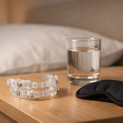 Nightguard on night table next to glass of water and sleep mask