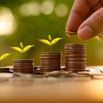 A person stacking coins with plants sprouting from them